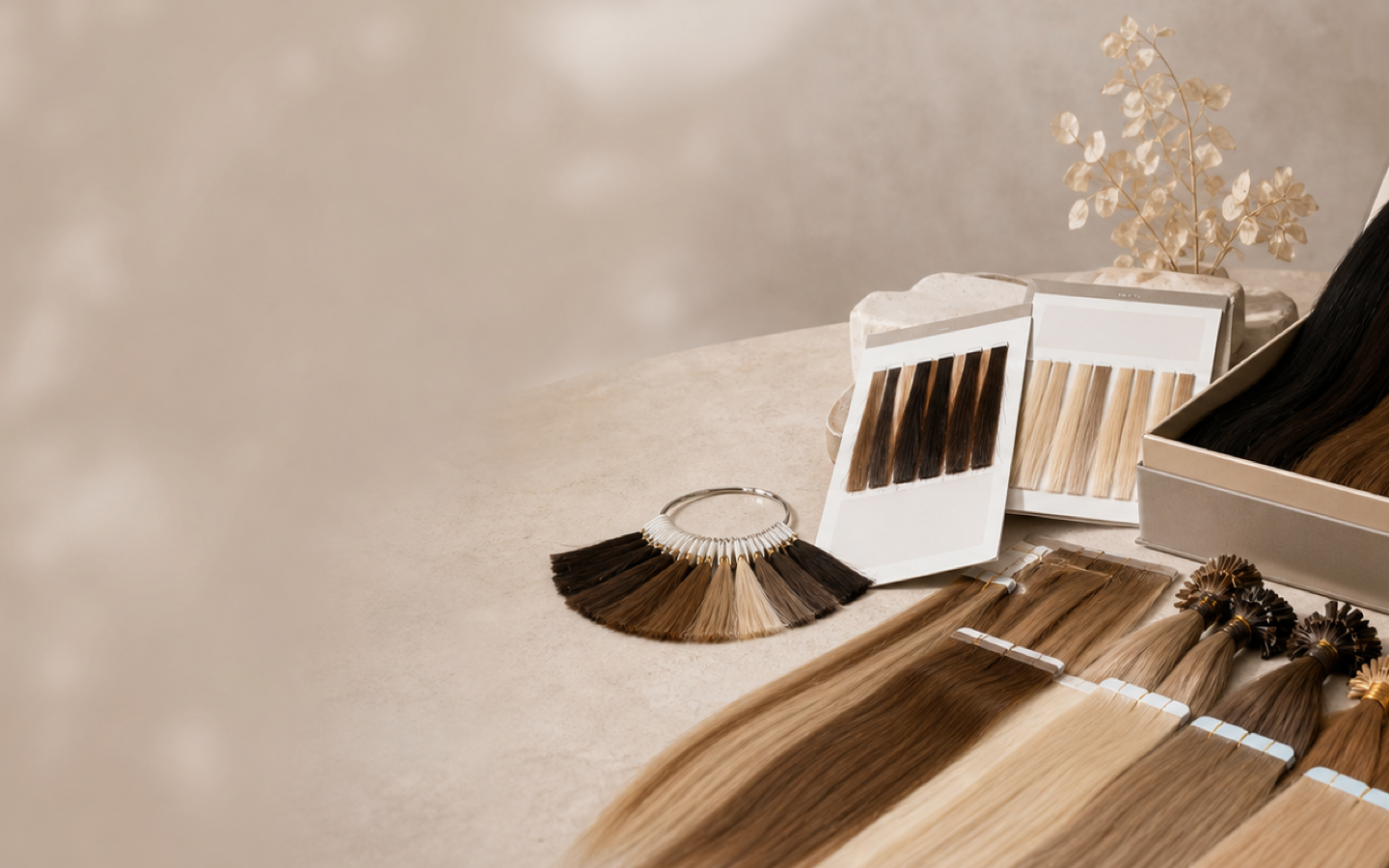 Human hair extension sample kit and colour swatches